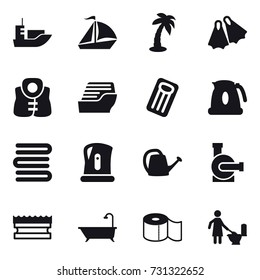 16 vector icon set : sail boat, palm, flippers, life vest, cruise ship, inflatable mattress, kettle, towels, watering can, water pump, sponge, bath, toilet paper, toilet cleaning