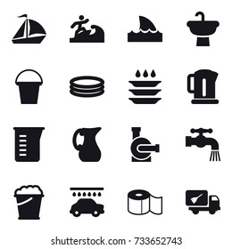 16 vector icon set : sail boat, surfer, shark flipper, bucket, inflatable pool, plate washing, kettle, measuring cup, jug, water pump, water tap, foam bucket, car wash, toilet paper