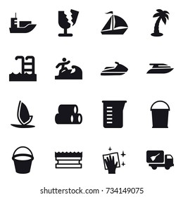16 vector icon set : sail boat, palm, pool, surfer, jet ski, yacht, windsurfing, measuring cup, bucket, sponge, wiping, home call cleaning