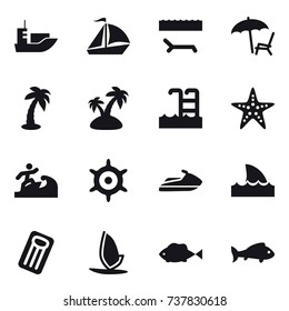 16 vector icon set : sail boat, lounger, palm, island, pool, starfish, surfer, handwheel, jet ski, shark flipper, inflatable mattress, windsurfing, fish