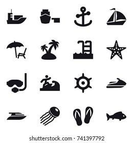 16 vector icon set : sail boat, lounger, island, pool, starfish, diving mask, surfer, handwheel, jet ski, yacht, jellyfish, flip-flops, fish