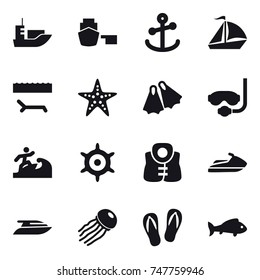 16 vector icon set : sail boat, lounger, starfish, flippers, diving mask, surfer, handwheel, life vest, jet ski, yacht, jellyfish, flip-flops, fish
