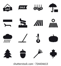 16 vector icon set : sale, lounger, aquapark, field, rain cloud, rake, thermometer, pumpkin, spruce, acorn, maple leaf