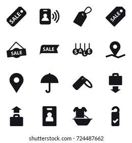 16 vector icon set : sale, pass card, label, sale label, baggage get, baggage, identity card, handle washing, please clean