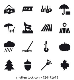 16 vector icon set : sale, lounger, aquapark, field, rain cloud, rake, thermometer, pumpkin, spruce, acorn, maple leaf