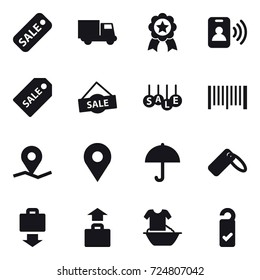 16 vector icon set : sale, truck, medal, pass card, sale label, barcode, baggage get, baggage, handle washing, please clean