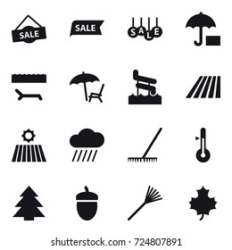 16 vector icon set : sale, lounger, aquapark, field, rain cloud, rake, thermometer, spruce, acorn, maple leaf