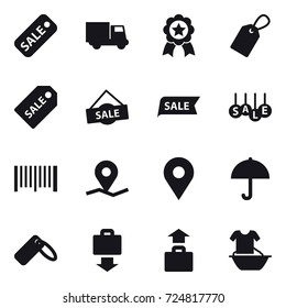 16 vector icon set : sale, truck, medal, label, sale label, barcode, baggage get, baggage, handle washing