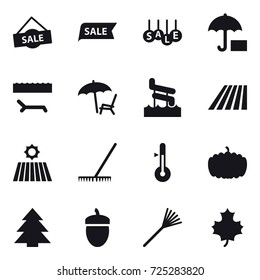 16 vector icon set : sale, lounger, aquapark, field, rake, thermometer, pumpkin, spruce, acorn, maple leaf