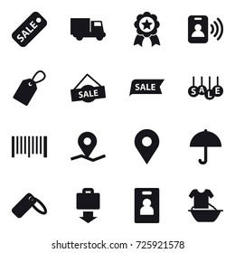 16 vector icon set : sale, truck, medal, pass card, label, barcode, baggage get, identity card, handle washing