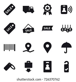 16 vector icon set : sale, truck, medal, pass card, sale label, barcode, baggage get, identity card, please clean