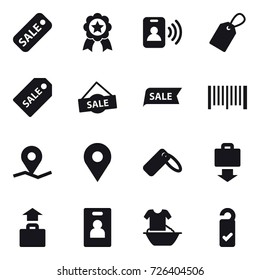 16 vector icon set : sale, medal, pass card, label, sale label, barcode, baggage get, baggage, identity card, handle washing, please clean