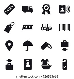 16 vector icon set : sale, truck, medal, pass card, label, barcode, baggage get, baggage, identity card, handle washing, please clean