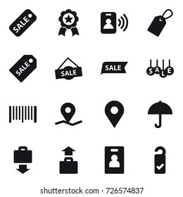 16 vector icon set : sale, medal, pass card, label, sale label, barcode, baggage get, baggage, identity card, please clean