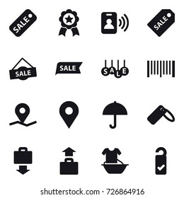 16 vector icon set : sale, medal, pass card, sale label, barcode, baggage get, baggage, handle washing, please clean