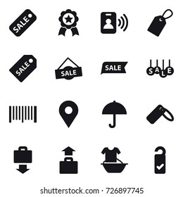 16 vector icon set : sale, medal, pass card, label, sale label, barcode, baggage get, baggage, handle washing, please clean