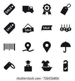 16 vector icon set : sale, truck, medal, label, sale label, barcode, baggage, handle washing, please clean