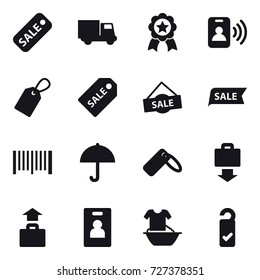 16 vector icon set : sale, truck, medal, pass card, label, sale label, barcode, baggage get, baggage, identity card, handle washing, please clean