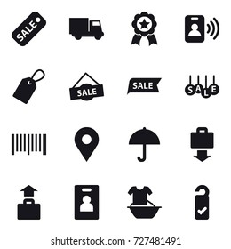16 vector icon set : sale, truck, medal, pass card, label, barcode, baggage get, baggage, identity card, handle washing, please clean