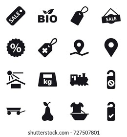 16 vector icon set : sale, bio, label, percent, train, do not distrub, trailer, pear, handle washing, please clean