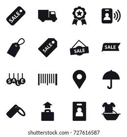 16 vector icon set : sale, truck, medal, pass card, label, sale label, barcode, baggage, identity card, handle washing