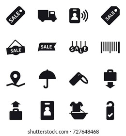 16 vector icon set : sale, truck, pass card, sale label, barcode, baggage get, baggage, identity card, handle washing, please clean
