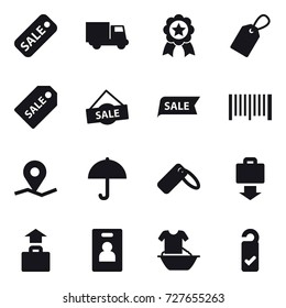 16 vector icon set : sale, truck, medal, label, sale label, barcode, baggage get, baggage, identity card, handle washing, please clean