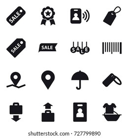 16 vector icon set : sale, medal, pass card, label, sale label, barcode, baggage get, baggage, identity card, handle washing