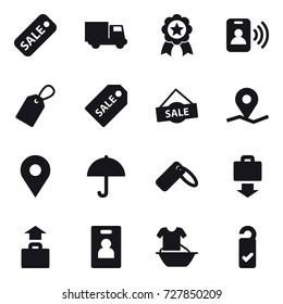 16 vector icon set : sale, truck, medal, pass card, label, sale label, baggage get, baggage, identity card, handle washing, please clean