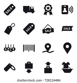 16 vector icon set : sale, truck, medal, pass card, label, sale label, barcode, baggage get, baggage, handle washing