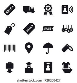 16 vector icon set : sale, truck, medal, pass card, label, sale label, barcode, baggage get, baggage, identity card, handle washing