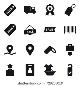 16 vector icon set : sale, truck, medal, label, sale label, barcode, baggage get, baggage, identity card, handle washing, please clean