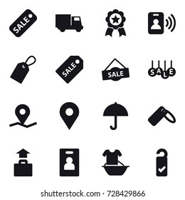 16 vector icon set : sale, truck, medal, pass card, label, sale label, baggage, identity card, handle washing, please clean