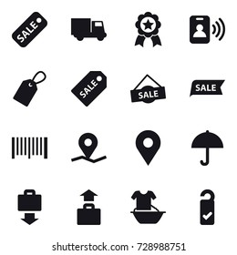 16 vector icon set : sale, truck, medal, pass card, label, sale label, barcode, baggage get, baggage, handle washing, please clean