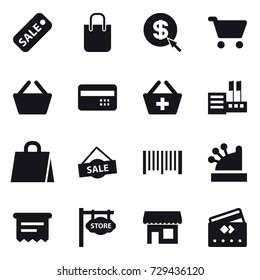 16 vector icon set : sale, shopping bag, dollar arrow, cart, basket, credit card, add to basket, store, barcode, cashbox, atm receipt, store signboard, shop