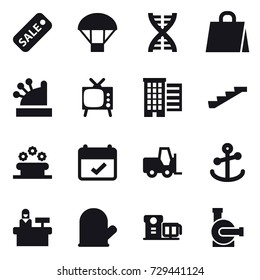 16 vector icon set : sale, parachute, dna, shopping bag, cashbox, tv, houses, stairs, flower bed, reception, cook glove, water pump