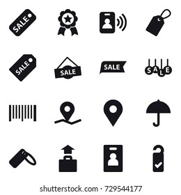 16 vector icon set : sale, medal, pass card, label, sale label, barcode, baggage, identity card, please clean