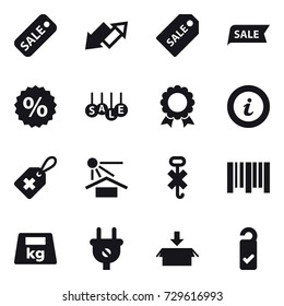 16 vector icon set : sale, up down arrow, sale label, percent, medal, info, package, please clean