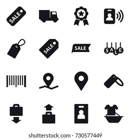 16 vector icon set : sale, truck, medal, pass card, label, sale label, barcode, baggage get, baggage, identity card, handle washing