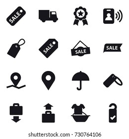 16 vector icon set : sale, truck, medal, pass card, label, sale label, baggage get, baggage, handle washing, please clean