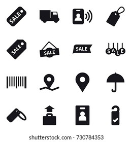 16 vector icon set : sale, truck, pass card, label, sale label, barcode, baggage, identity card, please clean