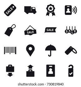 16 vector icon set : sale, truck, medal, pass card, label, barcode, baggage get, baggage, identity card, please clean