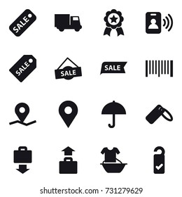 16 vector icon set : sale, truck, medal, pass card, sale label, barcode, baggage get, baggage, handle washing, please clean