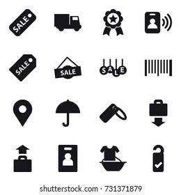 16 vector icon set : sale, truck, medal, pass card, sale label, barcode, baggage get, baggage, identity card, handle washing, please clean