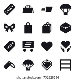 16 vector icon set : sale, shopping bag, delivery, parachute, bow, box, sale label, heart pendant, rack