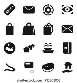 16 vector icon set : sale, mail, around gear, eye identity, shopping bag, houses, fountain, fridge, walnut crack, housing
