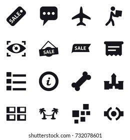 16 vector icon set : sale, message, plane, courier, eye identity, atm receipt, list, info, castle, panel house, palm hammock