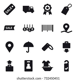 16 vector icon set : sale, truck, medal, label, barcode, baggage get, baggage, identity card, handle washing, please clean