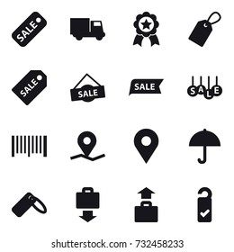16 vector icon set : sale, truck, medal, label, sale label, barcode, baggage get, baggage, please clean