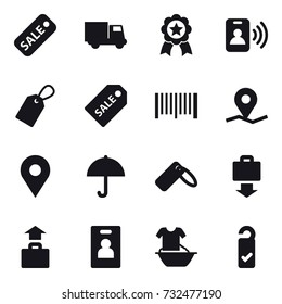 16 vector icon set : sale, truck, medal, pass card, label, sale label, barcode, baggage get, baggage, identity card, handle washing, please clean